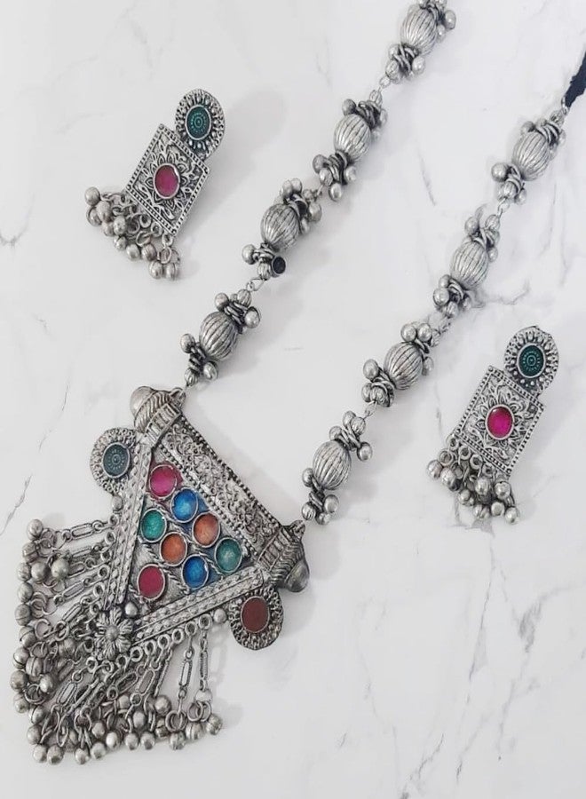 Siddhatva Designer Statement Afghani Antique Oxidised Silver Indian Party Ethnic Tassel Ghungroo Bells Tribal Gypsy Necklace Jewelry Set Women - Image 2